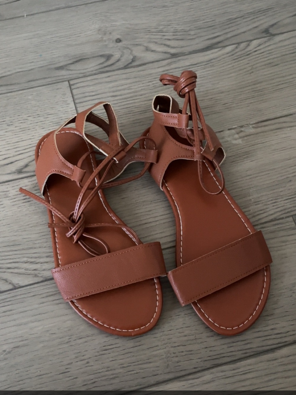 Women's Tan Lace-Up Flat Sandals with Ankle Tie